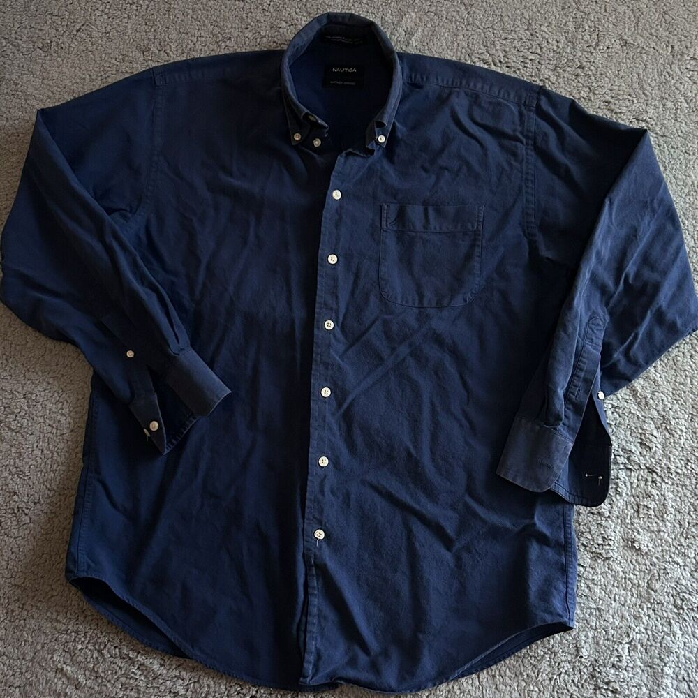 Nautica Mens Size 16 34/35 Button Down Shirt Vintage Oxford Blue Preppy